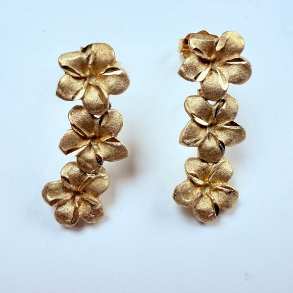 Jewelry - 14K Solid Yellow Gold Hawaii Plumeria Flower Cascade Diamond Cut Dangle Earrings